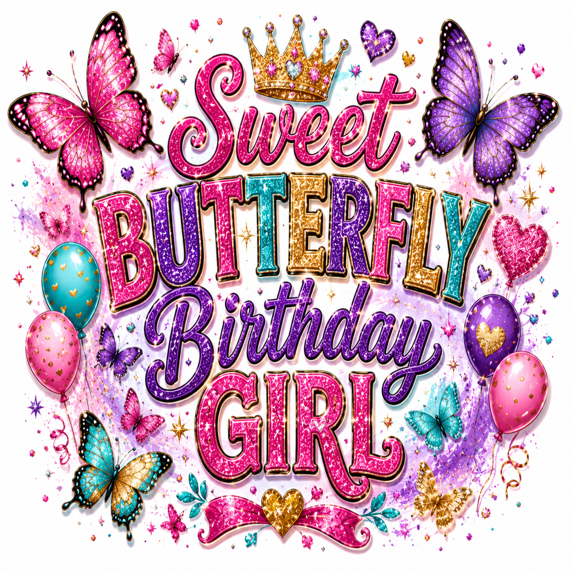 A colorful digital graphic with the text 'Sweet Butterfly Birthday Girl' in glittery pink, purple, blue, and gold lettering, surrounded by butterflies, hearts, balloons, and a crown on a white background.