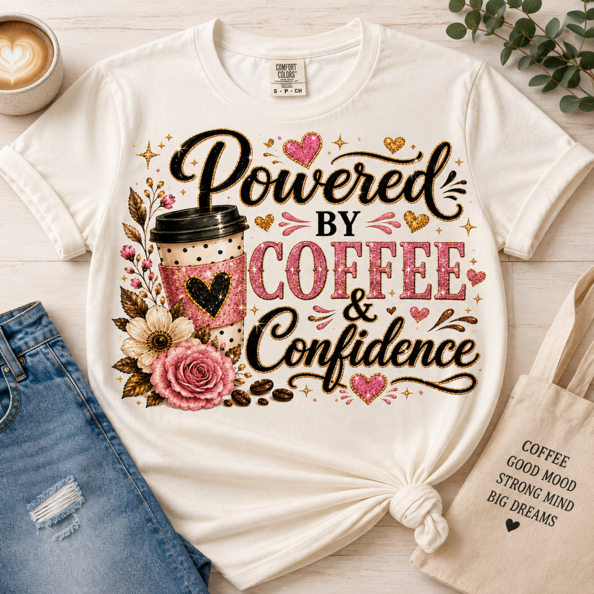 A white graphic T-shirt laid flat on a light wood surface, styled with a coffee cup illustration and the words 'Powered by Coffee & Confidence.' The shirt is paired with blue jeans and a beige tote bag in a flat-lay arrangement.