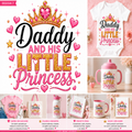 A collage-style product presentation for a 'Daddy and His Little Princess' graphic design, showing the text artwork prominently, a white baby tee with the design, a pink sippy cup, and several printed item mockups including a card, t-shirt, mug, and box. The layout is pastel pink and white with gold glitter lettering and hearts.