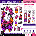 A promotional graphic for a 'UV DTF Tumbler Decal Set' featuring a large 'Sweet But Spooky' design and nine mini decals, shown on a white background with product details and pricing.