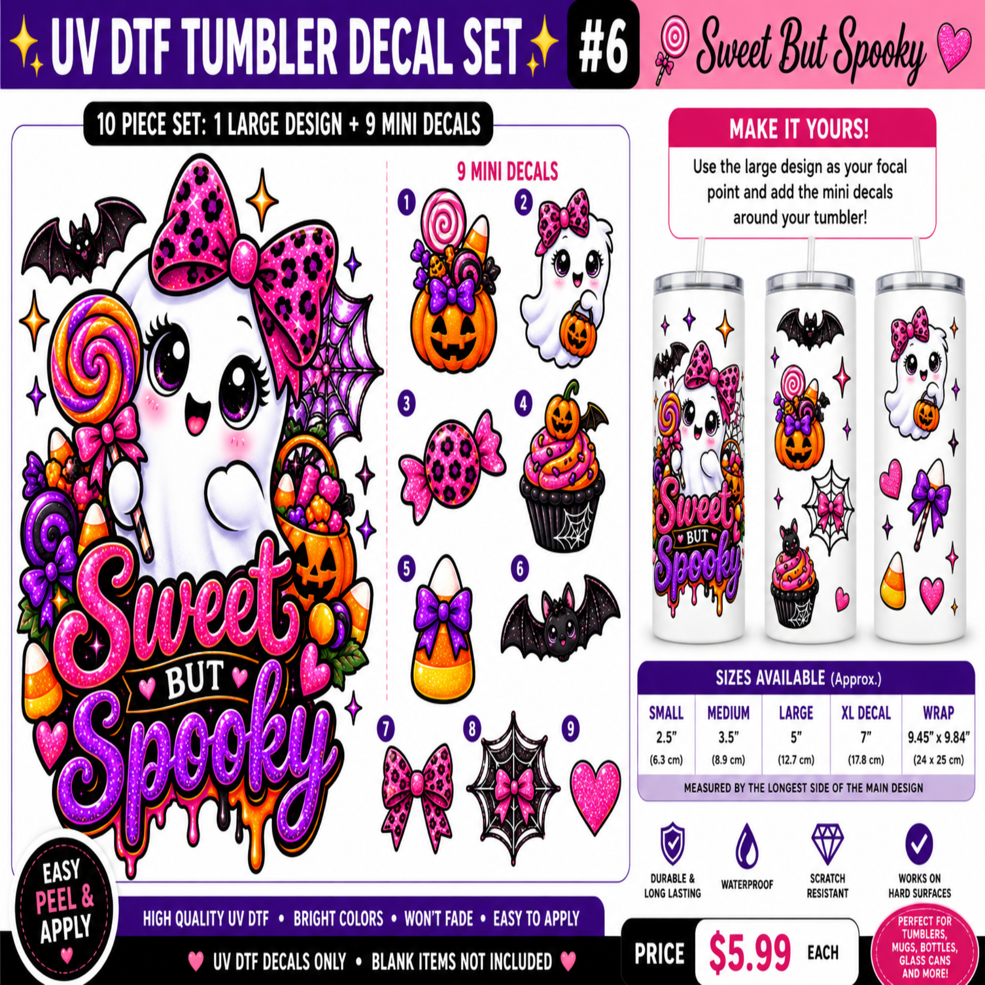 A promotional graphic for a 'UV DTF Tumbler Decal Set' featuring a large 'Sweet But Spooky' design and nine mini decals, shown on a white background with product details and pricing.