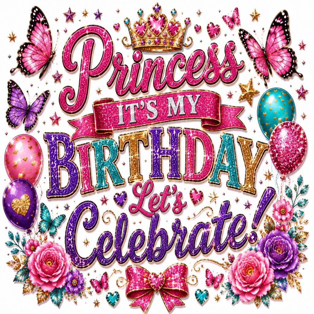 A colorful glitter-style birthday graphic with the text 'Princess It's My Birthday Let's Celebrate!' surrounded by pink butterflies, flowers, balloons, stars, and a crown on a white background.