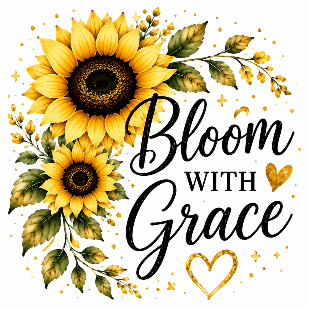 Sunflower and leaf floral artwork with the words “Bloom with Grace” in black script and block lettering, plus gold heart and star accents on a white background.