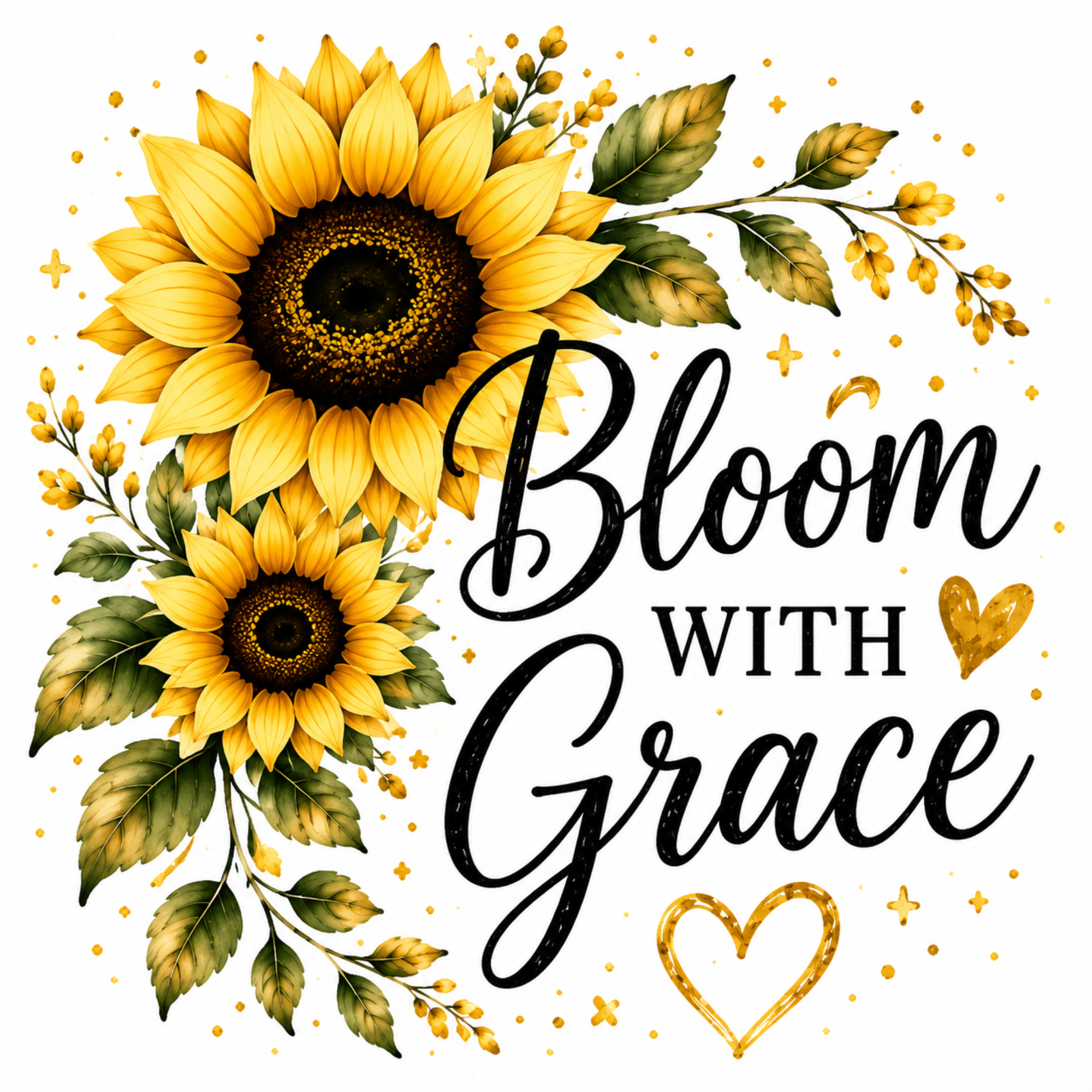 Sunflower and leaf floral artwork with the words “Bloom with Grace” in black script and block lettering, plus gold heart and star accents on a white background.