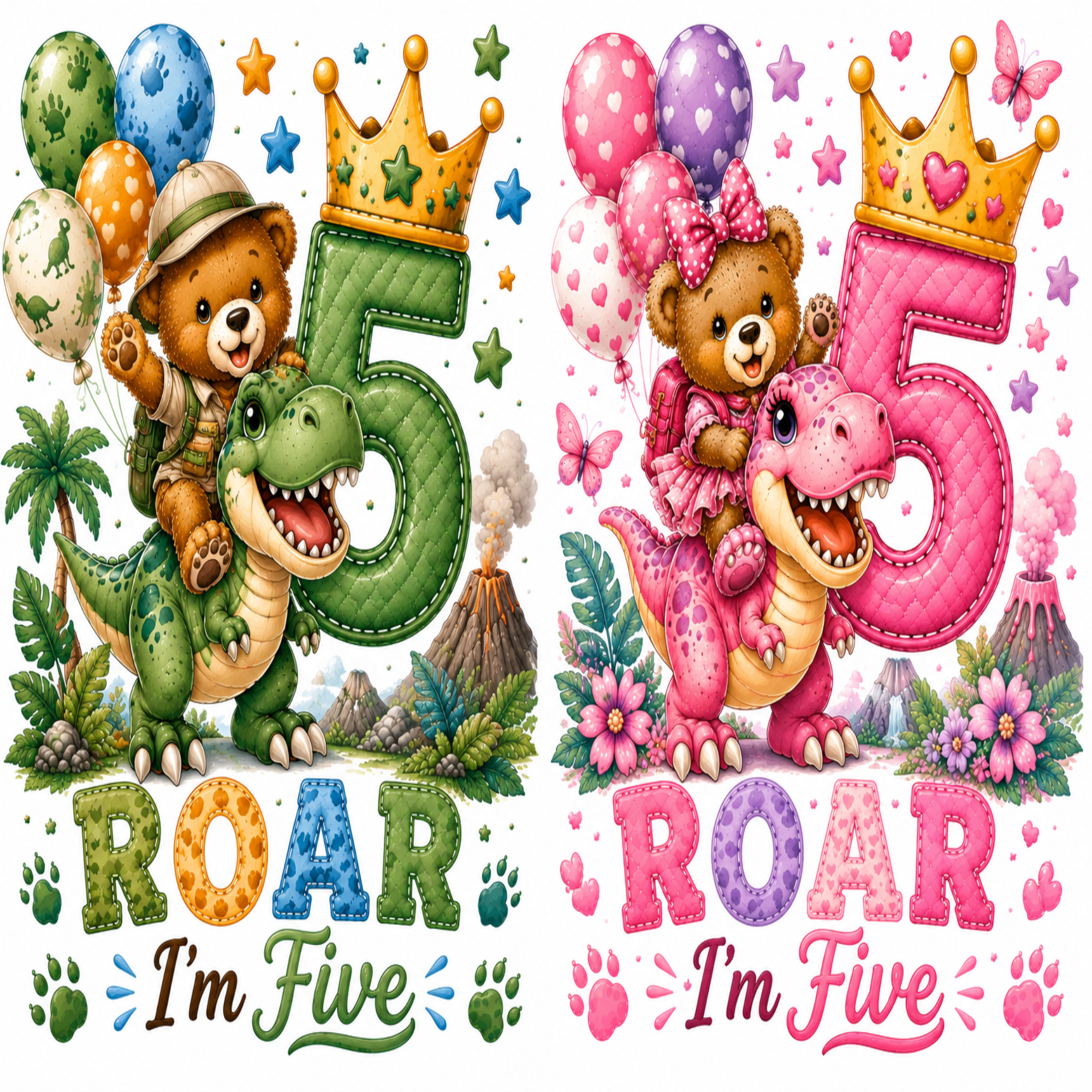 Two colorful cartoon birthday designs for a child turning five, each featuring a teddy bear riding a dinosaur next to a large number 5, balloons, flowers, paw prints, and the words 'ROAR I'm Five' on a white background.