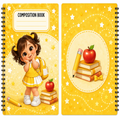 Two spiral-bound composition books shown side by side with a yellow school-themed cover design featuring a cartoon girl, books, pencils, and red apples.