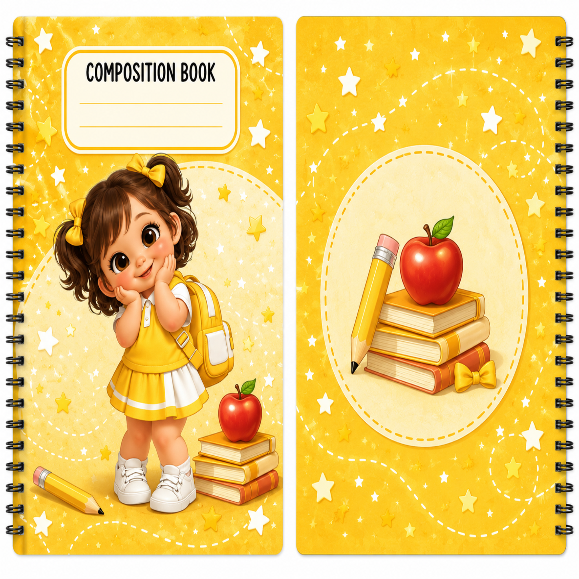 Two spiral-bound composition books shown side by side with a yellow school-themed cover design featuring a cartoon girl, books, pencils, and red apples.