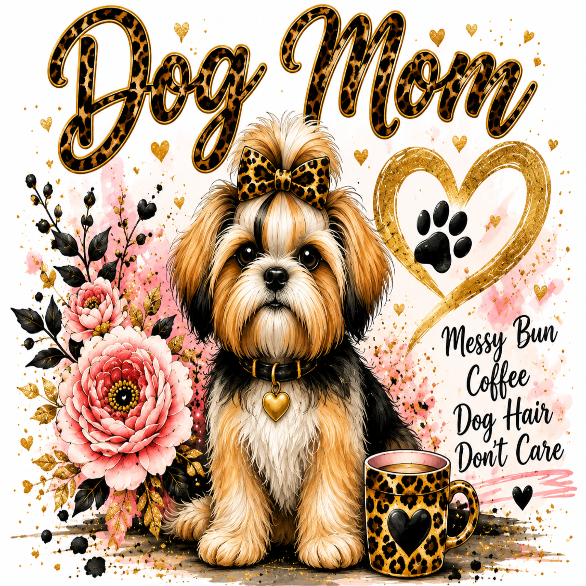 A decorative graphic featuring a small Shih Tzu dog wearing a leopard-print bow and collar, surrounded by pink flowers, a gold heart outline with a paw print, the words 'Dog Mom,' and the phrase 'Messy Bun Coffee Dog Hair Don't Care.' A leopard-print mug appears at the lower right.