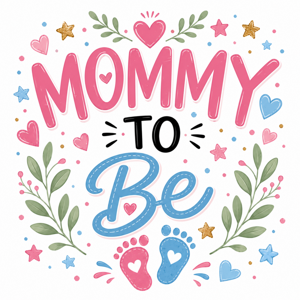 A colorful graphic design featuring the text 'MOMMY TO BE' in playful pink, black, and blue lettering, surrounded by pink hearts, blue and pink stars, green leaves, and pink and blue baby footprints on a white background.
