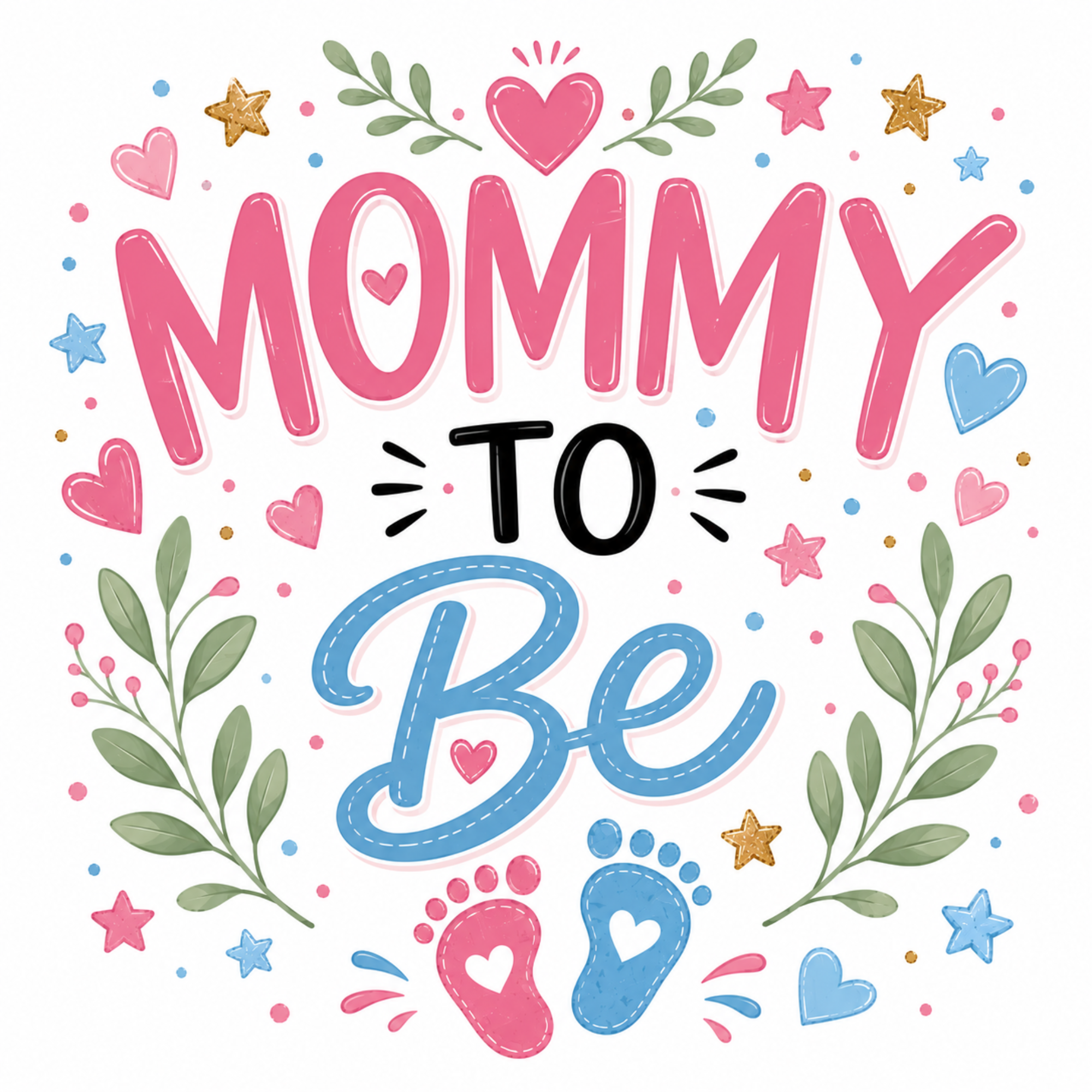 A colorful graphic design featuring the text 'MOMMY TO BE' in playful pink, black, and blue lettering, surrounded by pink hearts, blue and pink stars, green leaves, and pink and blue baby footprints on a white background.