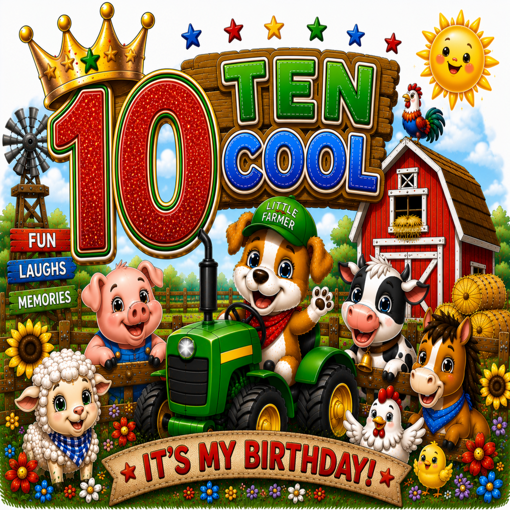 A colorful cartoon birthday sign with the text '10 TEN COOL' and 'IT'S MY BIRTHDAY!' over a farm scene. The design includes a crown, sun, stars, red barn, tractor, pig, cow, horse, sheep, chicken, and flowers.