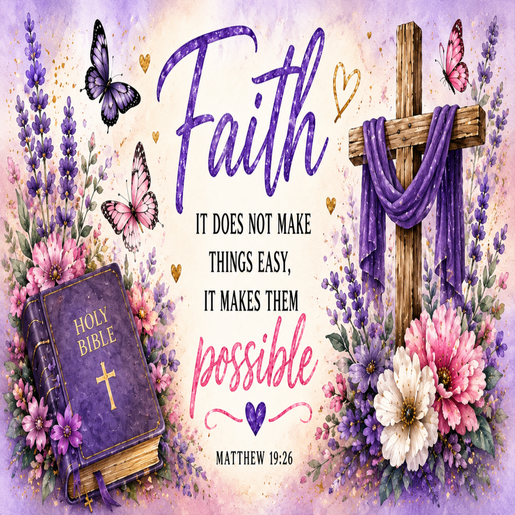 A decorative inspirational graphic with the word 'Faith' in large purple script, the Bible verse Matthew 19:26 in the center, and surrounding floral and religious illustrations including a purple Bible, wooden cross draped with purple cloth, lavender, flowers, butterflies, and gold hearts.