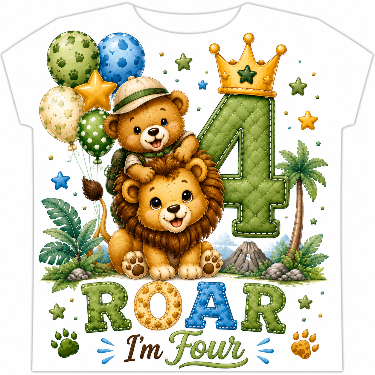 A white short-sleeve T-shirt graphic featuring a colorful children's birthday design with two cartoon lions, balloons, stars, palm trees, a crown, the number 4, and the text 'ROAR I'm Four'.