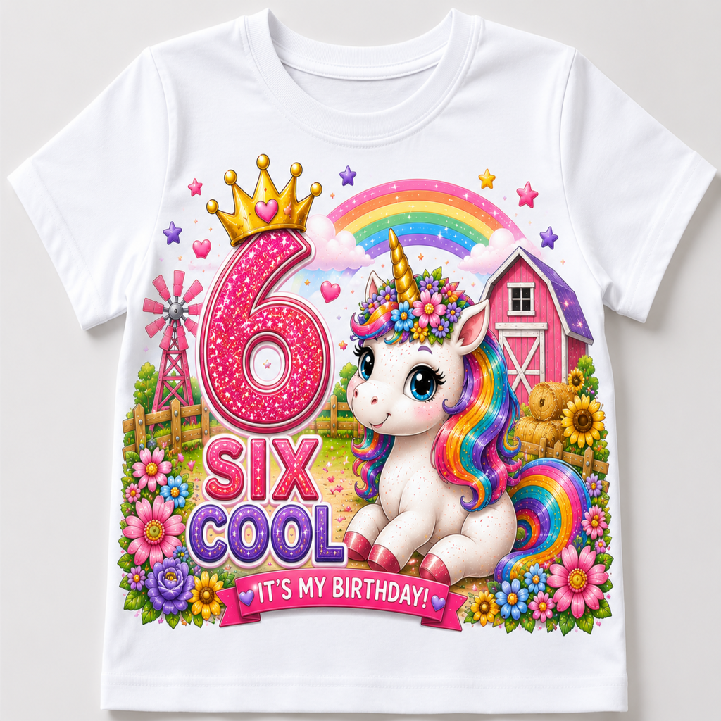 A white short-sleeve kids' t-shirt featuring a colorful '6th Cool' birthday graphic with a cartoon unicorn, rainbow, flowers, barn, and crown.
