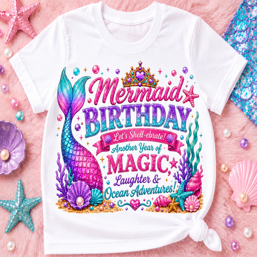 A white short-sleeve kids' t-shirt with a colorful mermaid birthday graphic, styled in a flat-lay on a pink textured background with seashells and starfish.