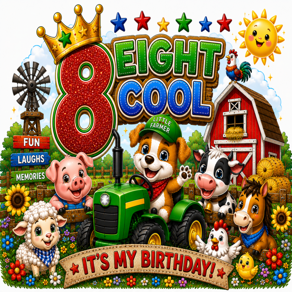 A colorful cartoon birthday scene with the text '8 COOL' and 'IT'S MY BIRTHDAY!' over a farm illustration. A smiling sun, rainbow, windmill, barn, pig, cow, horse, sheep, chickens, and a dog driving a tractor are all depicted.