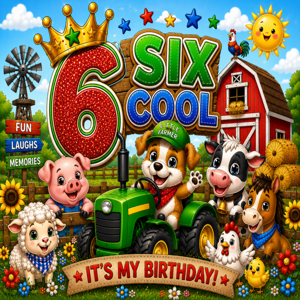 A colorful children's birthday sign or print featuring cartoon farm animals and a red barn. Large text reads '6 SIX COOL' with a glittery red number 6 and a gold crown, plus 'IT'S MY BIRTHDAY!' on a banner at the bottom.