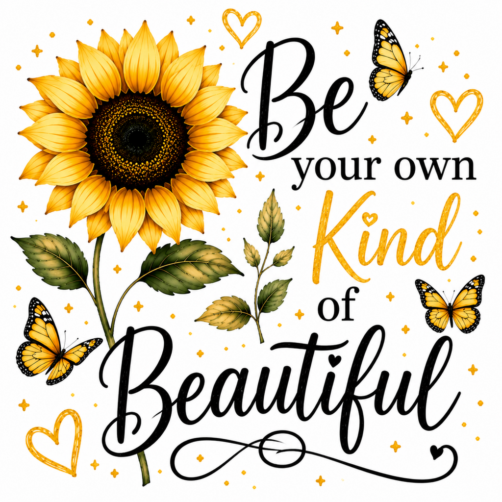 A decorative typographic design with a large yellow sunflower, butterflies, gold hearts, stars, and the phrase “Be your own Kind of Beautiful” on a white background.