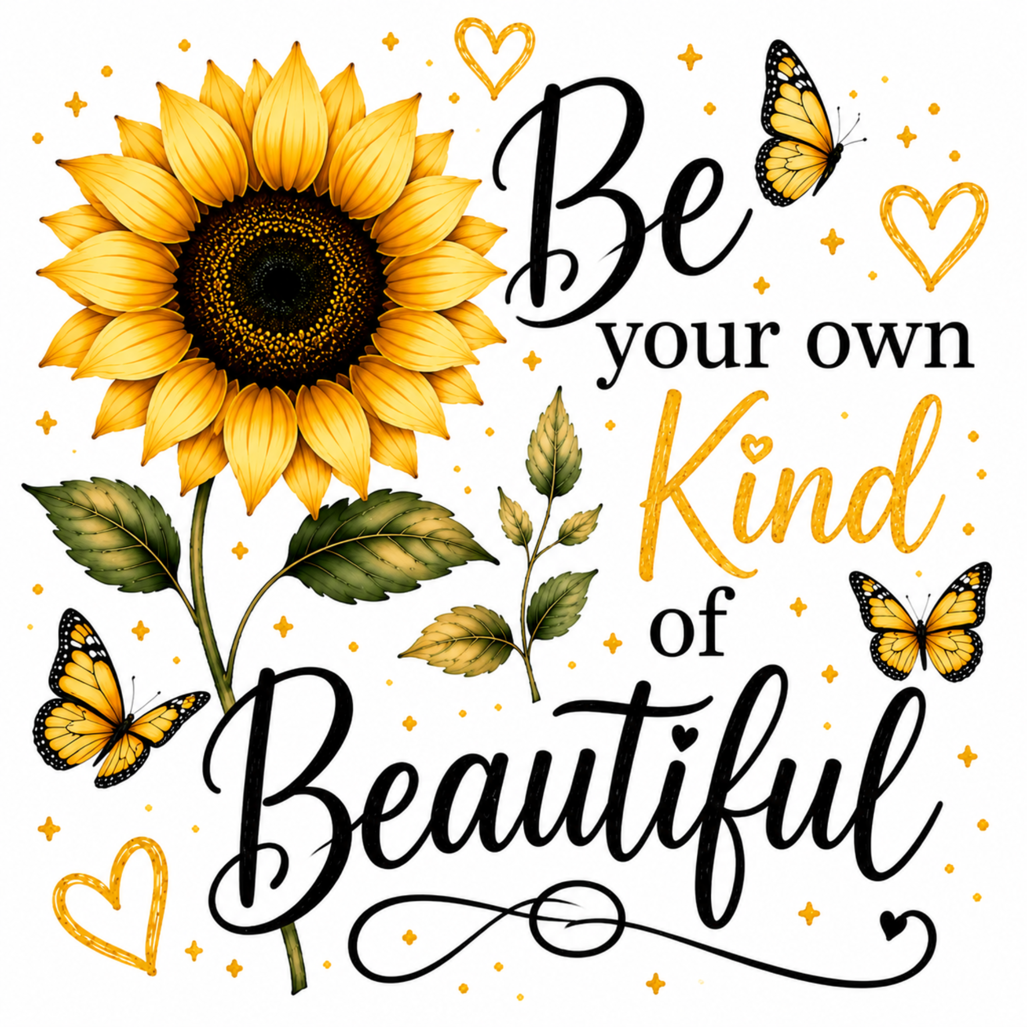 A decorative typographic design with a large yellow sunflower, butterflies, gold hearts, stars, and the phrase “Be your own Kind of Beautiful” on a white background.
