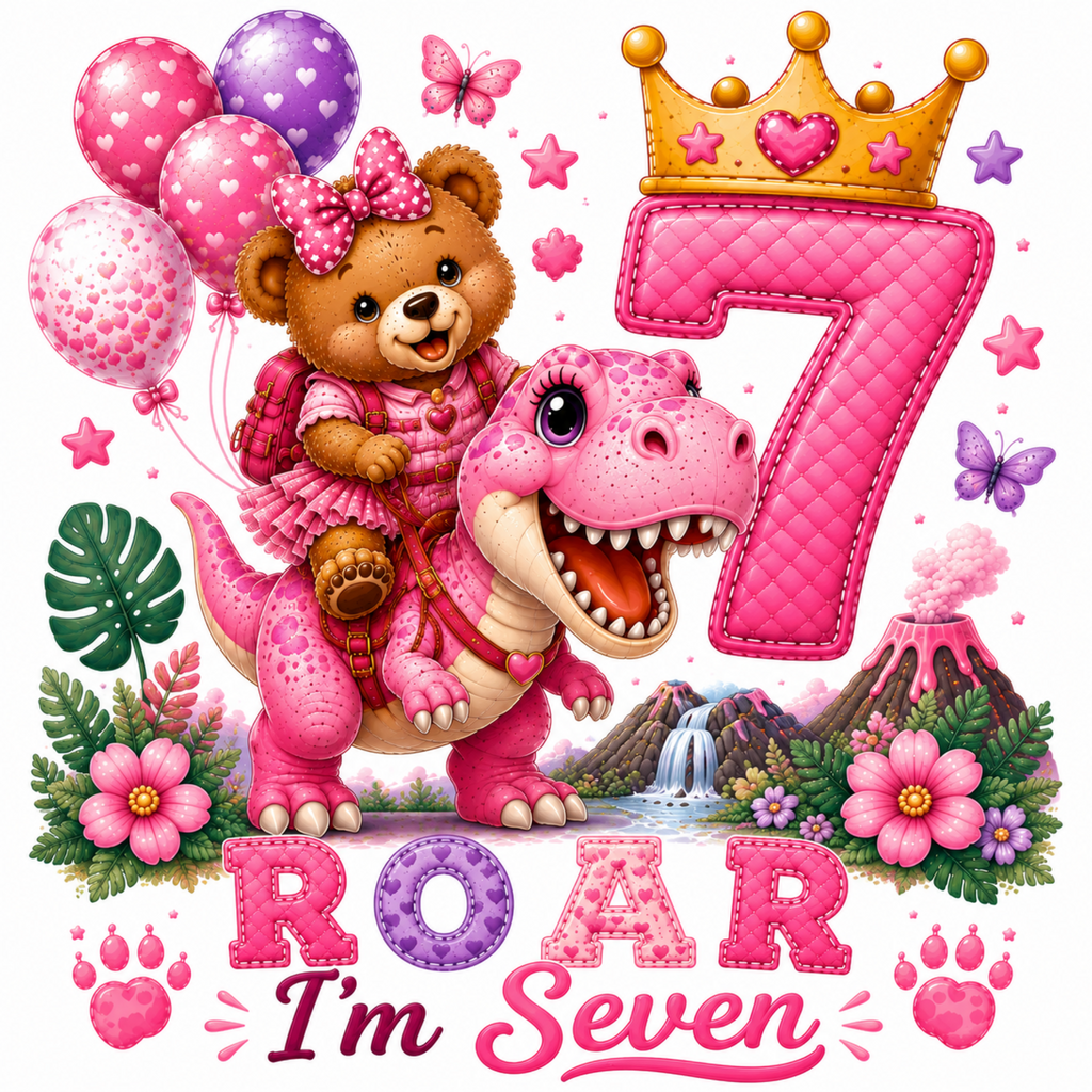 A colorful birthday graphic for a child turning seven, featuring a pink quilted number 7 with a gold crown, a pink dinosaur carrying a teddy bear in a pink dress, balloons, flowers, butterflies, and the text 'ROAR I'm Seven' on a white background.