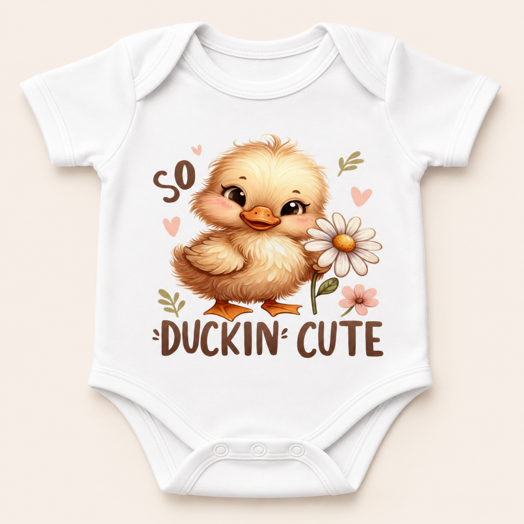 A white short-sleeve baby bodysuit with a cute cartoon duckling graphic holding a daisy, surrounded by the words 'so DUCKIN' CUTE' on a light beige background.