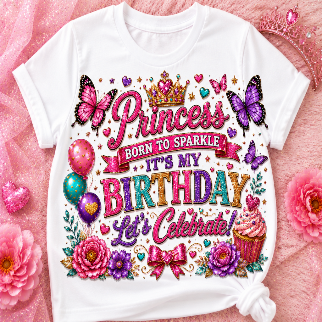 A white short-sleeve T-shirt laid flat on a pink glittery background with decorative flowers, a tiara, and balloons. The shirt features a large colorful birthday graphic reading 'Princess Born to Sparkle It's My Birthday Let's Celebrate!' with butterflies, flowers, a cupcake, and decorative text.