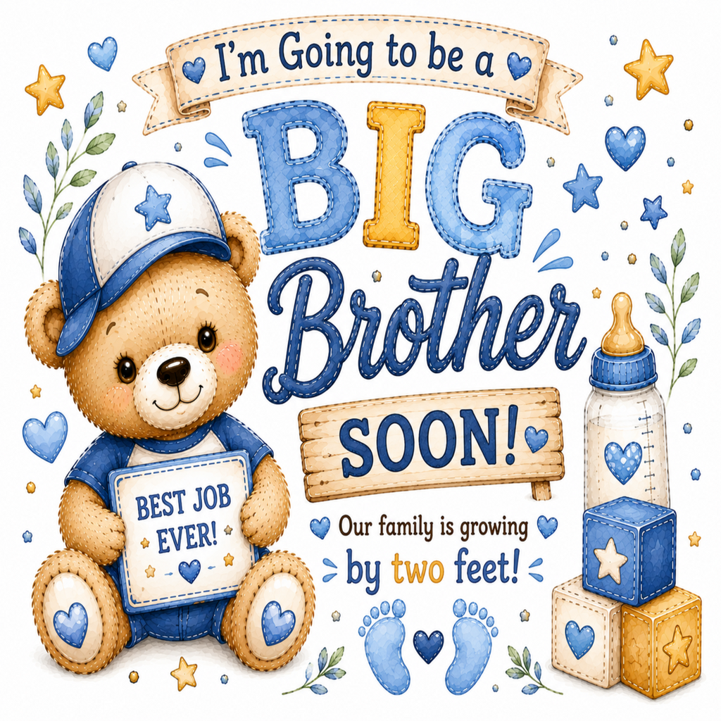 A watercolor-style baby shower sign or print featuring a teddy bear wearing a blue and white cap and holding a sign that says 'BEST JOB EVER!'. The design includes the text 'I'm Going to be a BIG Brother SOON!' and 'Our family is growing by two feet!' with blue hearts, stars, baby blocks, a bottle, and footprints on a white background.