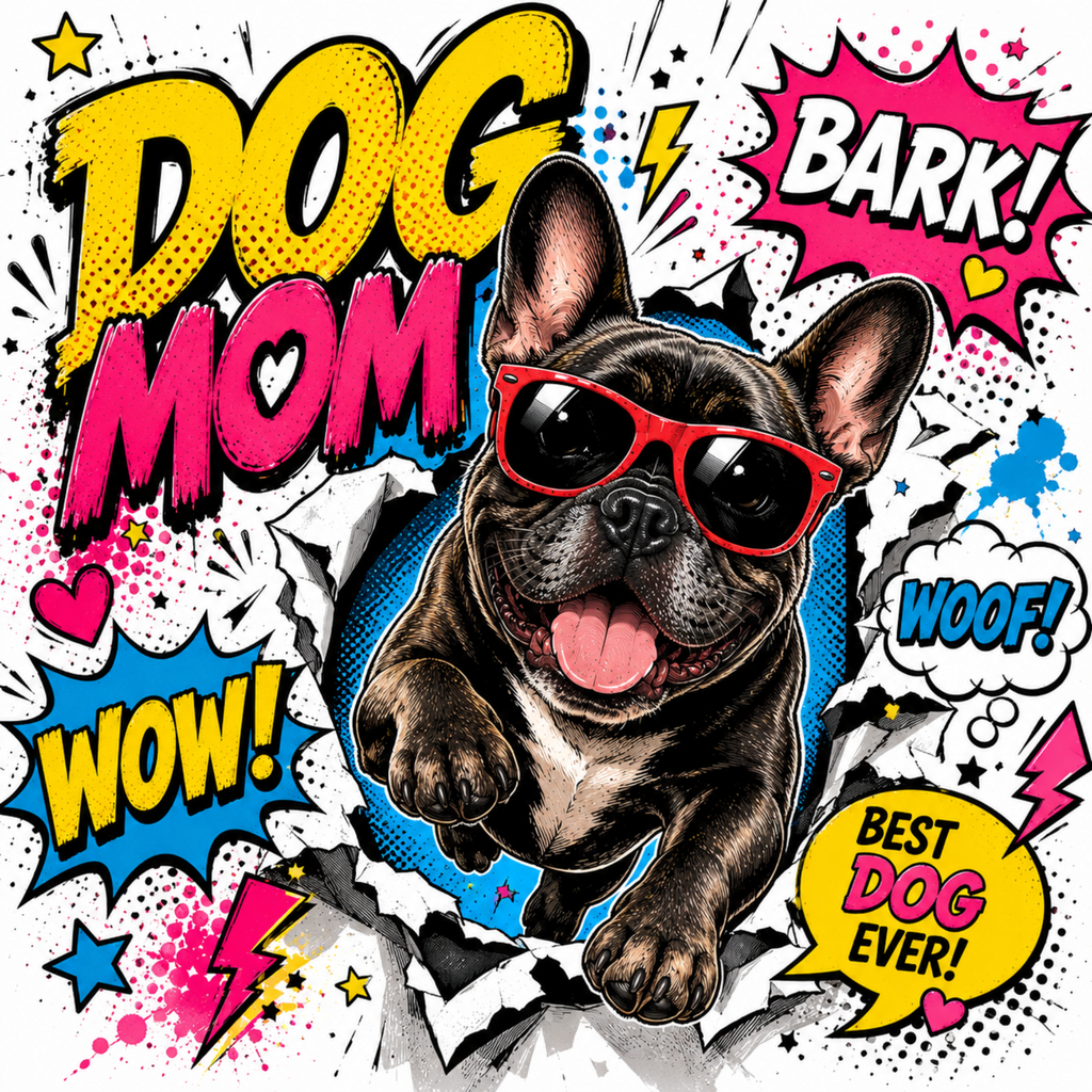Comic-style pop art graphic featuring a French bulldog wearing red sunglasses, surrounded by bold speech bubbles and comic effects. Large text reads “DOG MOM,” “BARK!,” “WOOF!,” and “BEST DOG EVER!,” with pink, yellow, blue, black, white, and red elements.