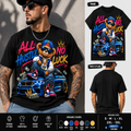 A man wearing a black graphic T-shirt with a colorful cartoon bear sitting on a blue car and the text 'ALL HUSTLE NO LUCK.' The layout also shows front and back views of the shirt, plus available colors and sizing information at the bottom.