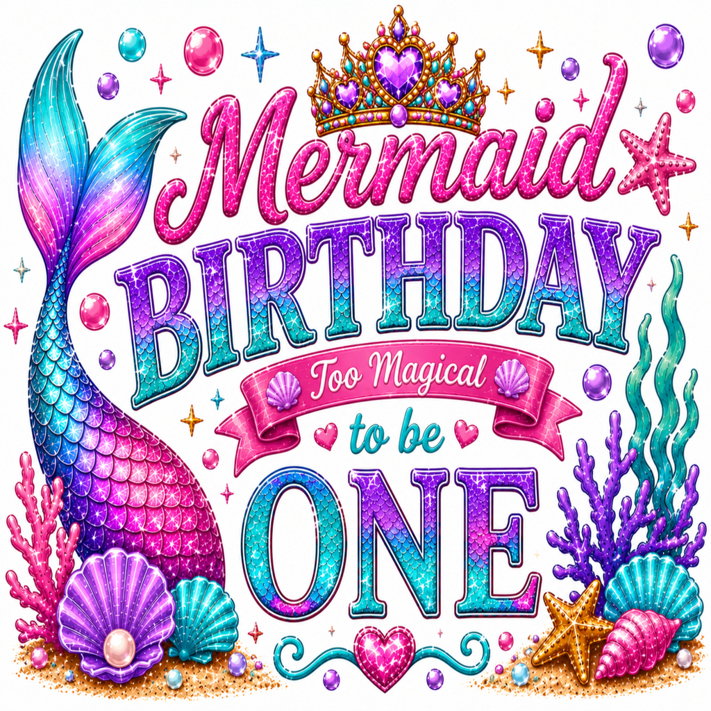A colorful mermaid-themed birthday graphic with glitter-style text reading 'Mermaid Birthday Too Magical to be One,' a mermaid tail, crown, shells, coral, bubbles, and starfish on a white background.