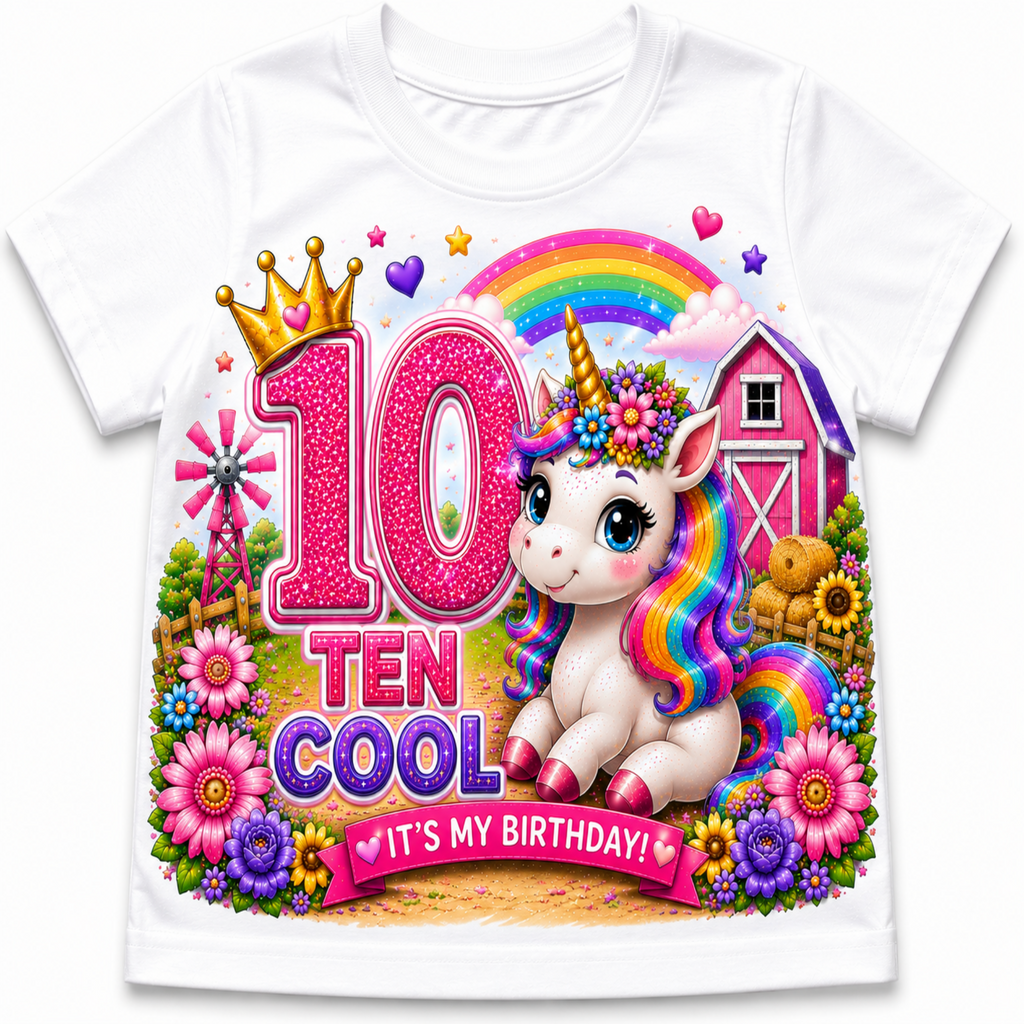 A white short-sleeve kids' t-shirt featuring a vibrant, colorful graphic print of a cartoon unicorn, a pink barn, a rainbow, flowers, and the text '10 TEN COOL IT'S MY BIRTHDAY!'.