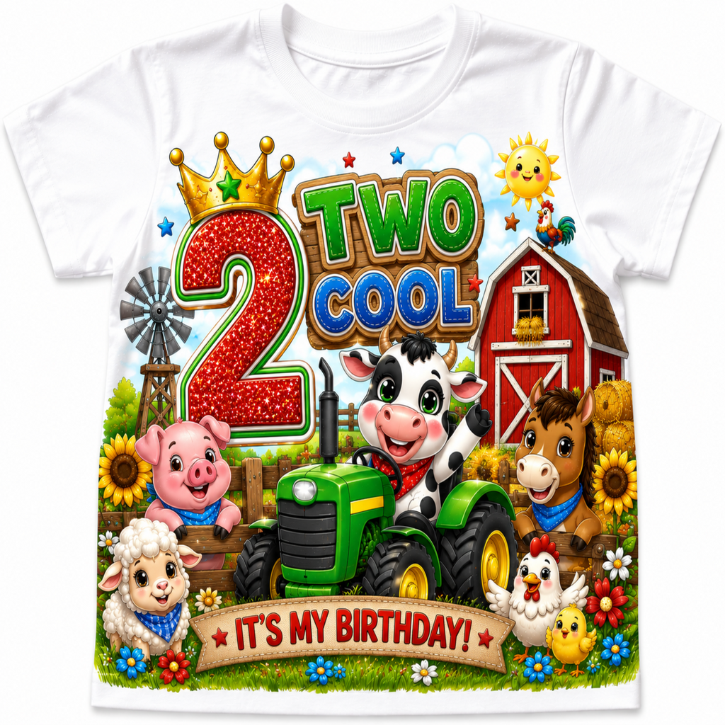 A white short-sleeve t-shirt featuring a colorful cartoon farm-themed birthday graphic that reads '2 TWO COOL' and 'IT'S MY BIRTHDAY!'. The design includes a red glittery number 2, a gold crown, a green tractor, a red barn, sunflowers, and various farm animals.
