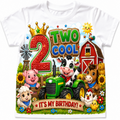 A white short-sleeve t-shirt featuring a colorful cartoon farm-themed birthday graphic that reads '2 TWO COOL' and 'IT'S MY BIRTHDAY!'. The design includes a red glittery number 2, a gold crown, a green tractor, a red barn, sunflowers, and various farm animals.