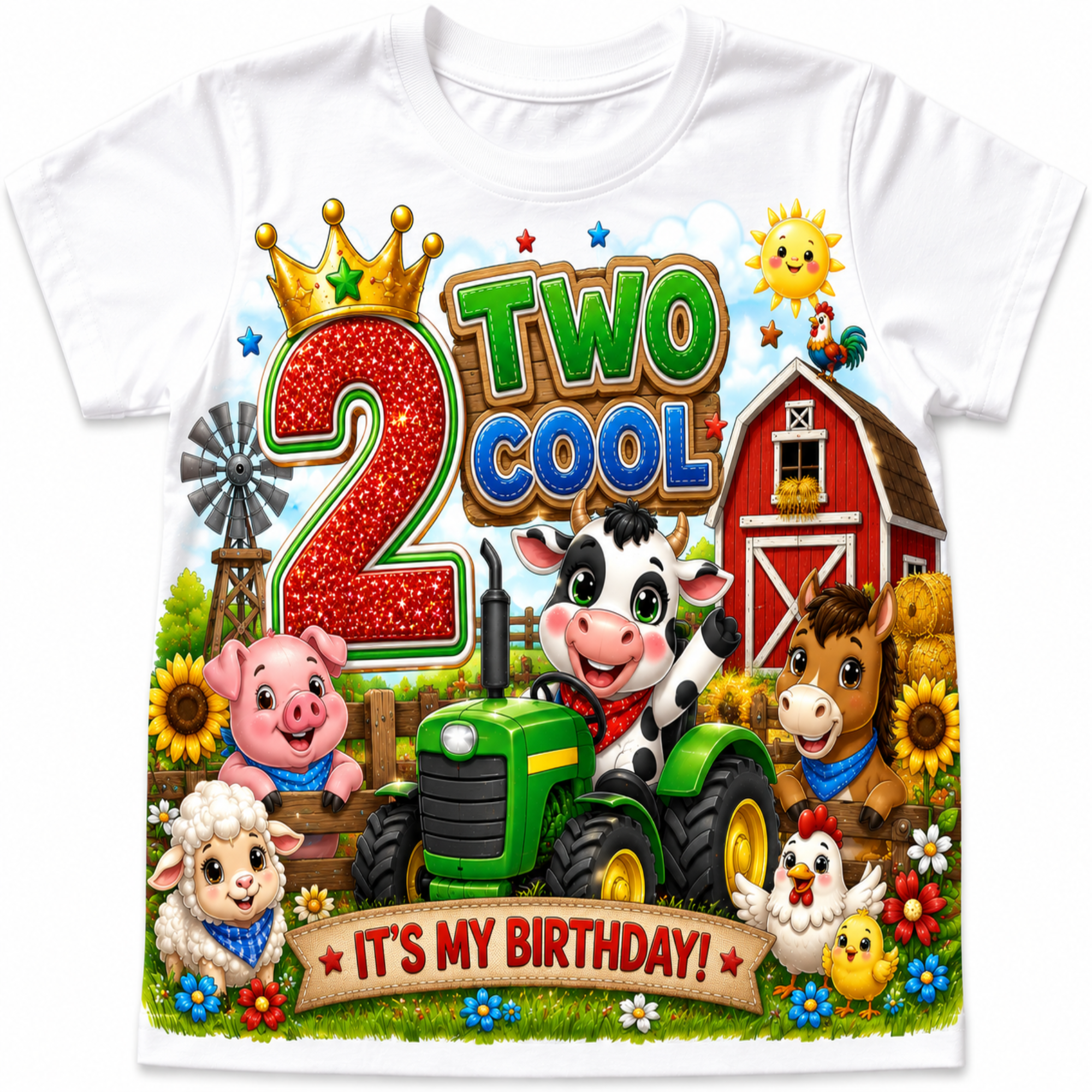 A white short-sleeve t-shirt featuring a colorful cartoon farm-themed birthday graphic that reads '2 TWO COOL' and 'IT'S MY BIRTHDAY!'. The design includes a red glittery number 2, a gold crown, a green tractor, a red barn, sunflowers, and various farm animals.