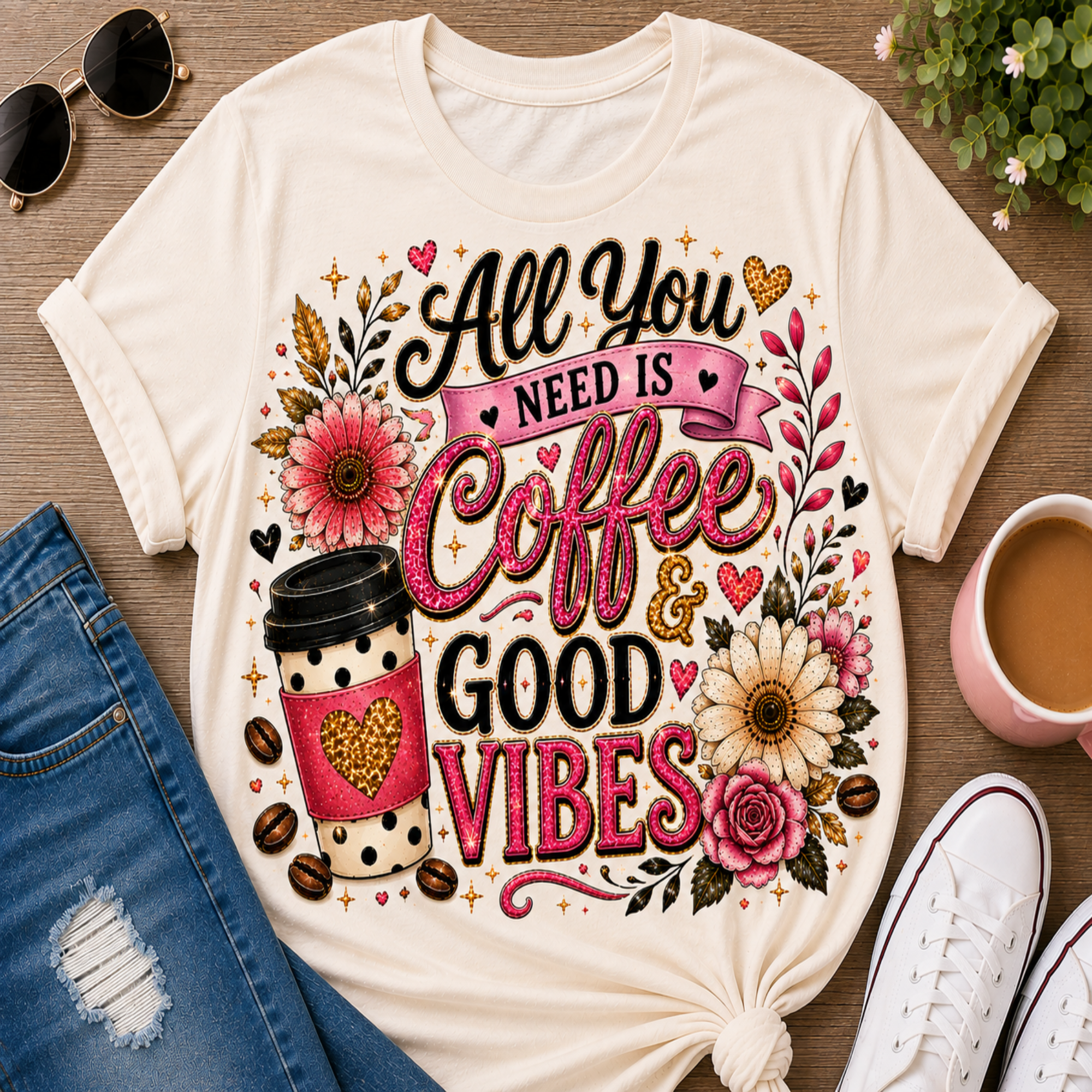 A cream-colored graphic t-shirt laid flat on a wooden surface, surrounded by lifestyle props including blue jeans, white sneakers, sunglasses, a cup of coffee, and a small plant. The t-shirt features a colorful graphic with the text 'All You NEED IS Coffee & GOOD VIBES' and an illustration of a coffee cup, flowers, and hearts.