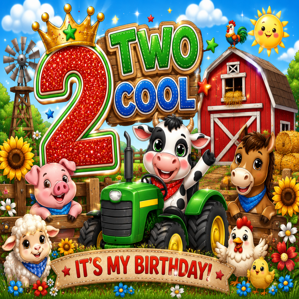 A colorful cartoon birthday scene with the text '2 TWO COOL' and 'IT'S MY BIRTHDAY!' over a farm background. A red glittery number 2, a green tractor, a red barn, sunflowers, a pig, a cow, a horse, a sheep, a chicken, and a chick are depicted.