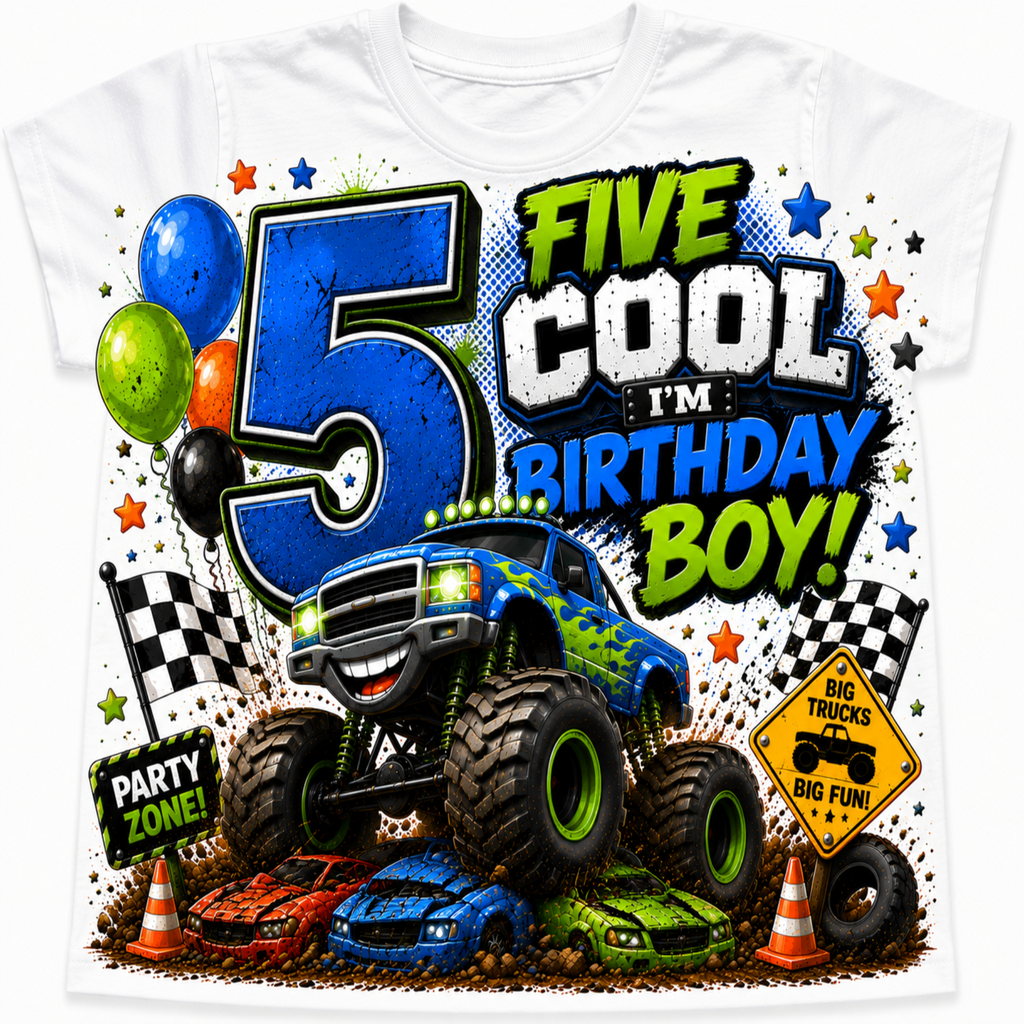 A white short-sleeve t-shirt featuring a vibrant, multi-colored graphic design for a 5th birthday boy. The design includes a blue monster truck, green and blue race cars, balloons, checkered flags, and bold text that reads 'FIVE COOL I'M BIRTHDAY BOY!'.