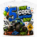 A white short-sleeve t-shirt featuring a vibrant, multi-colored graphic design for a 5th birthday boy. The design includes a blue monster truck, green and blue race cars, balloons, checkered flags, and bold text that reads 'FIVE COOL I'M BIRTHDAY BOY!'.