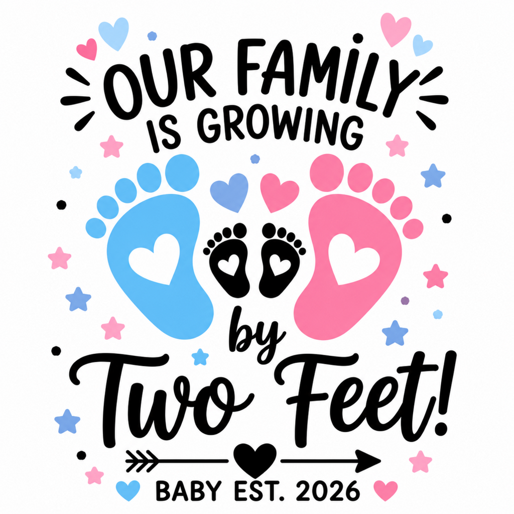 A square graphic design for a baby shower favor or print, featuring the text 'OUR FAMILY IS GROWING by Two Feet! BABY EST. 2026' in black script and bold lettering, surrounded by blue, pink, and black baby footprints and hearts on a white background.