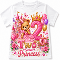 A white short-sleeve baby t-shirt featuring a colorful 'Two Sweet Princess' birthday graphic with a teddy bear, pink castle, balloons, and a golden crown.