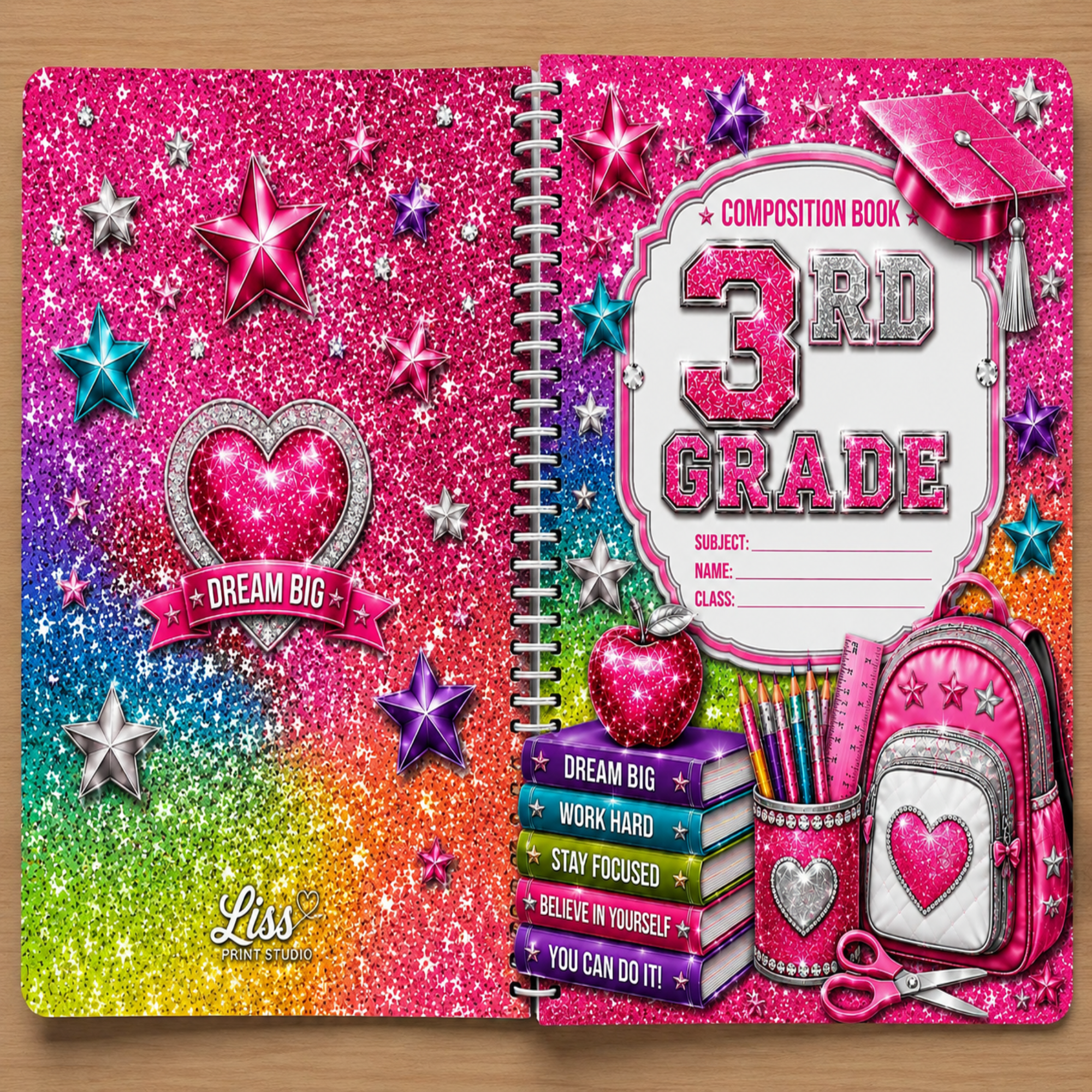 A spiral-bound composition book shown open on a wooden surface, decorated with bright pink glitter, rainbow gradient sections, stars, hearts, and school-themed illustrations including a graduation cap, books, pencils, a cup, and a backpack. The right page reads '3rd Grade Composition Book' with fill-in lines for subject, name, and class.