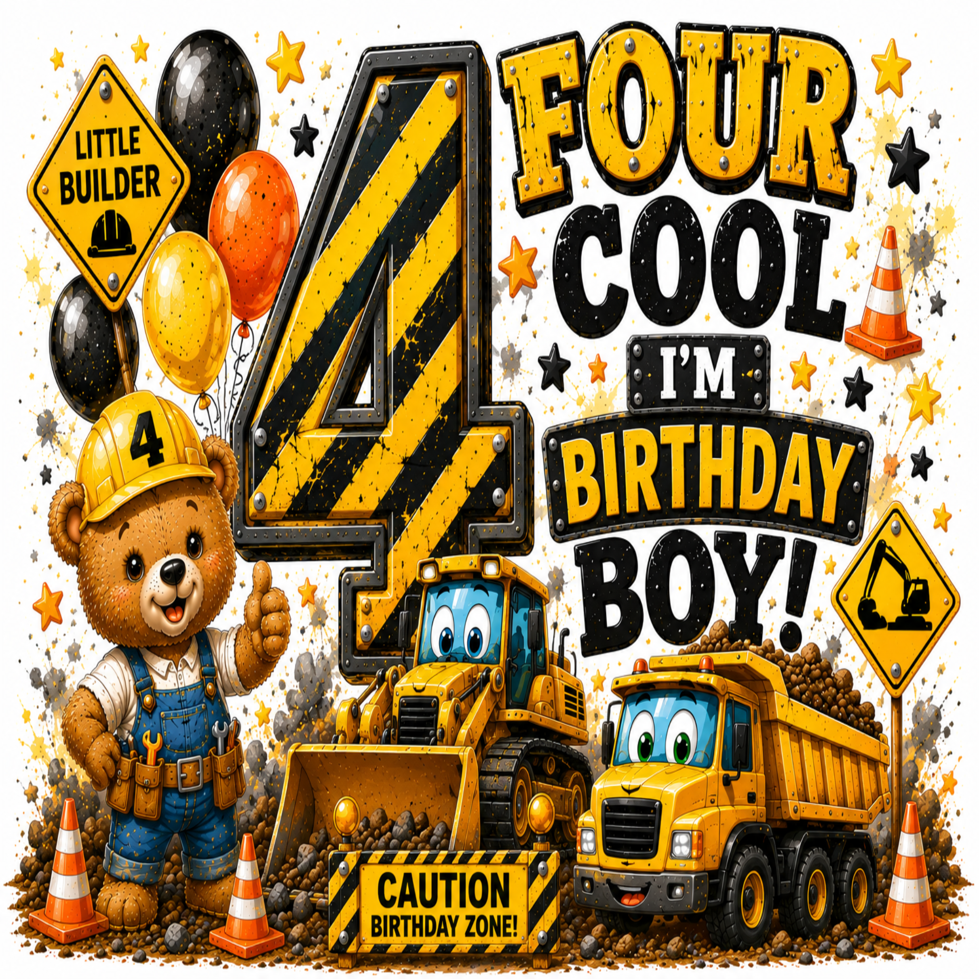 A colorful cartoon birthday sign for a four-year-old boy with construction-themed graphics. The design features a large distressed black and yellow number 4, the text 'FOUR COOL I'M BIRTHDAY BOY!', a teddy bear wearing a yellow hard hat and blue overalls, yellow construction vehicles including a bulldozer and dump truck, balloons in black, gold, and orange, and orange-and-white traffic cones on a white background.