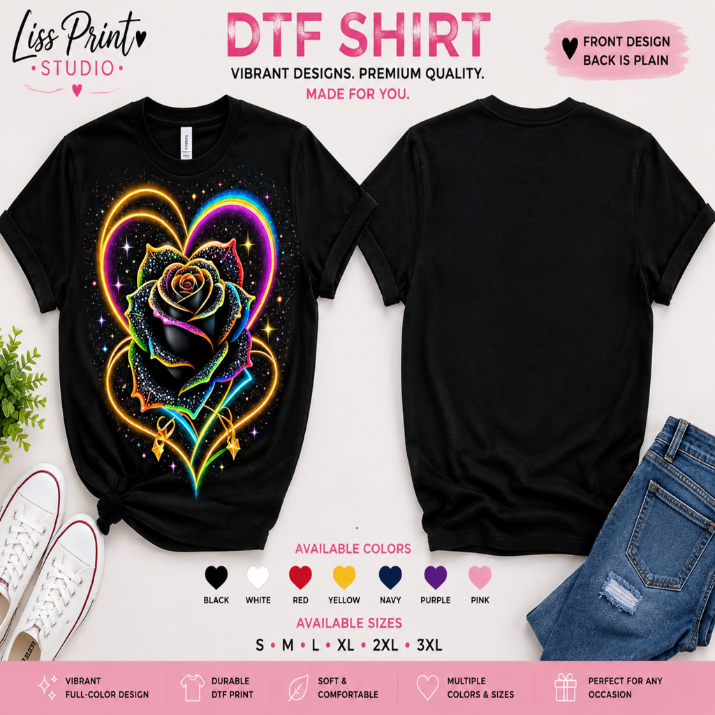 A product mockup showing two views of a black DTF (Direct to Film) t-shirt. The left view shows a vibrant, colorful graphic of a glowing rainbow heart and rose.
