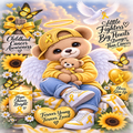 A colorful memorial-themed graphic featuring a cute brown teddy bear dressed as an angel with white wings, a yellow cap, and yellow sneakers, holding a small teddy bear. The scene includes sunflowers, butterflies, a white dove, a candle, and inspirational text such as 'Childhood Cancer Awareness,' 'Little Fighters Big Hearts Stronger Than Cancer,' 'Hope Shines Bright,' and 'Forever Young Forever Loved.