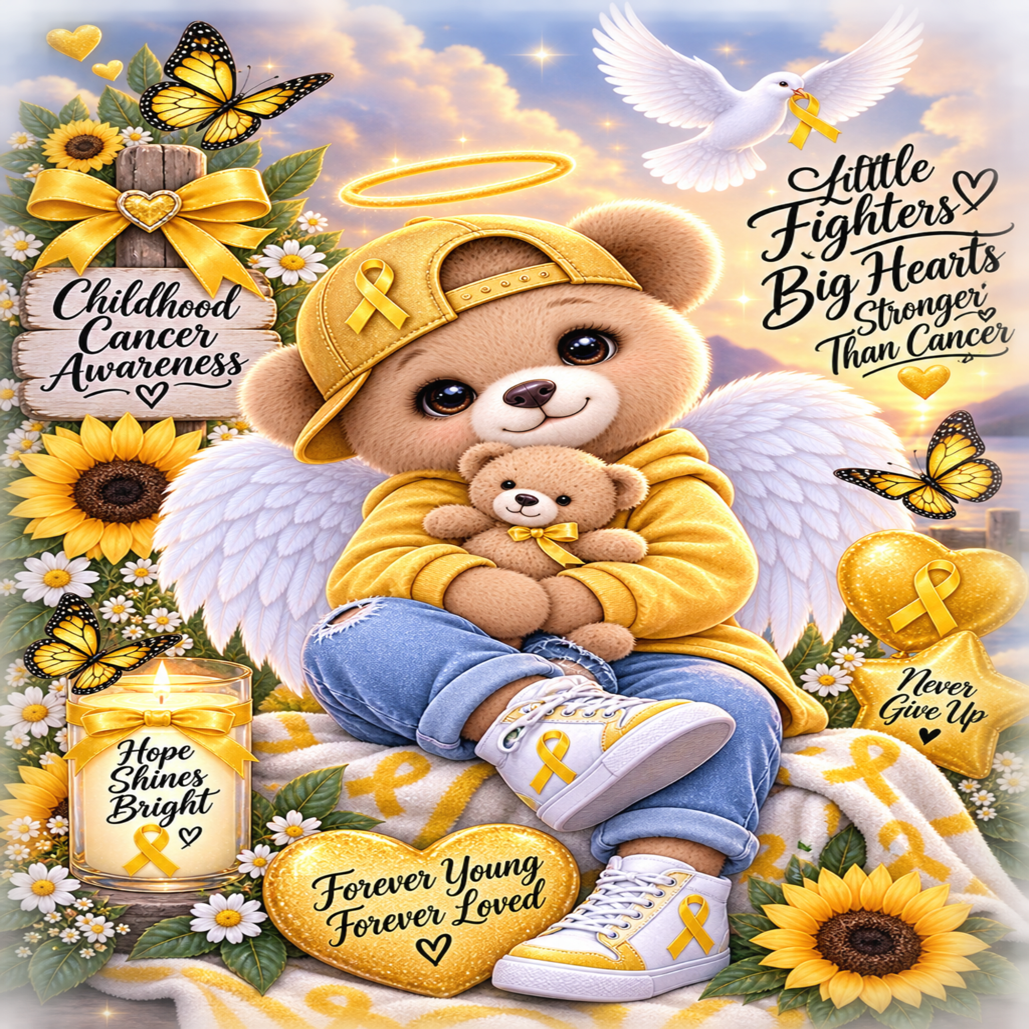 A colorful memorial-themed graphic featuring a cute brown teddy bear dressed as an angel with white wings, a yellow cap, and yellow sneakers, holding a small teddy bear. The scene includes sunflowers, butterflies, a white dove, a candle, and inspirational text such as 'Childhood Cancer Awareness,' 'Little Fighters Big Hearts Stronger Than Cancer,' 'Hope Shines Bright,' and 'Forever Young Forever Loved.