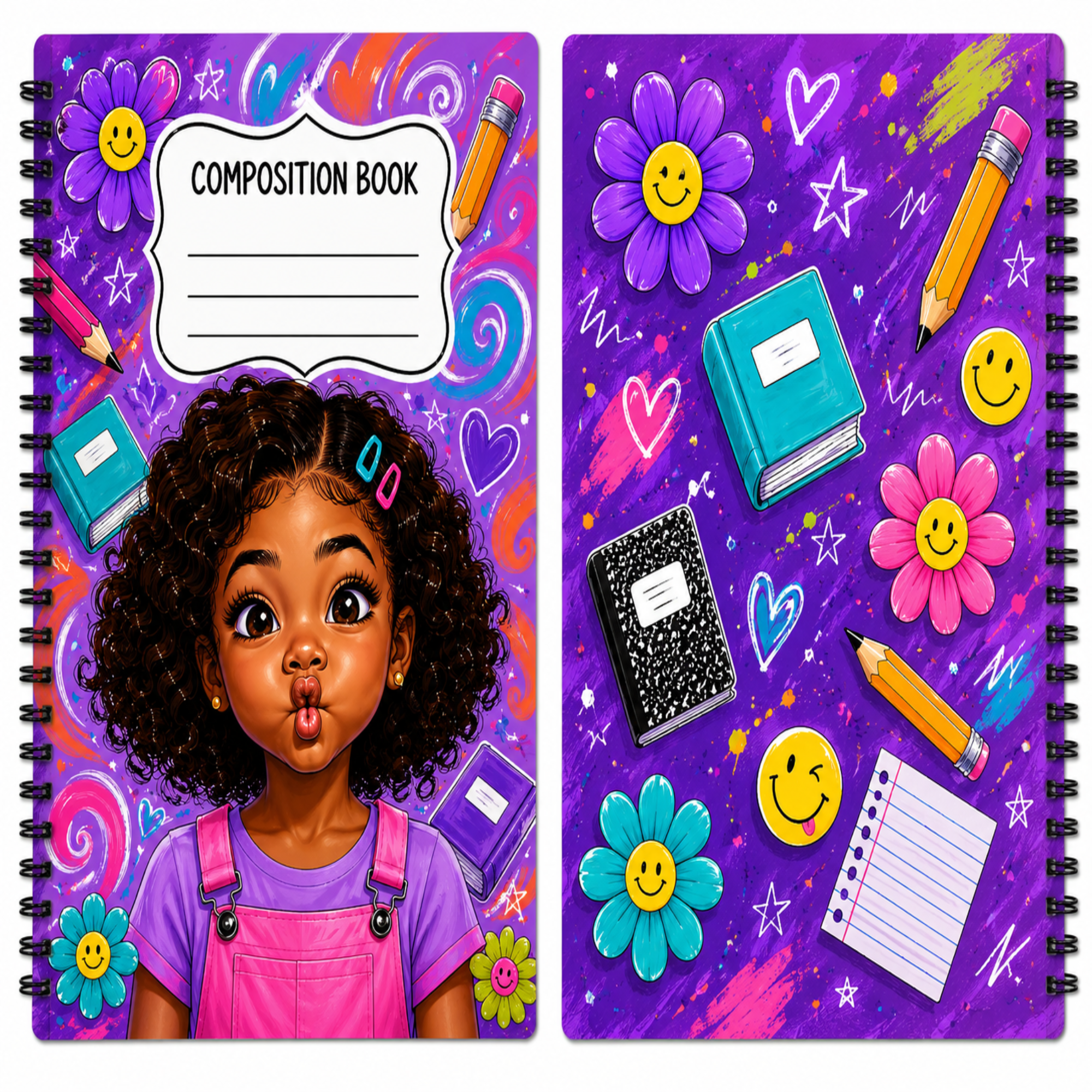 A colorful composition book shown from both sides. The left cover features a cartoon-style girl with curly hair, pink overalls, and a speech bubble reading 'COMPOSITION BOOK' against a purple background with flowers, hearts, stars, and school supplies.