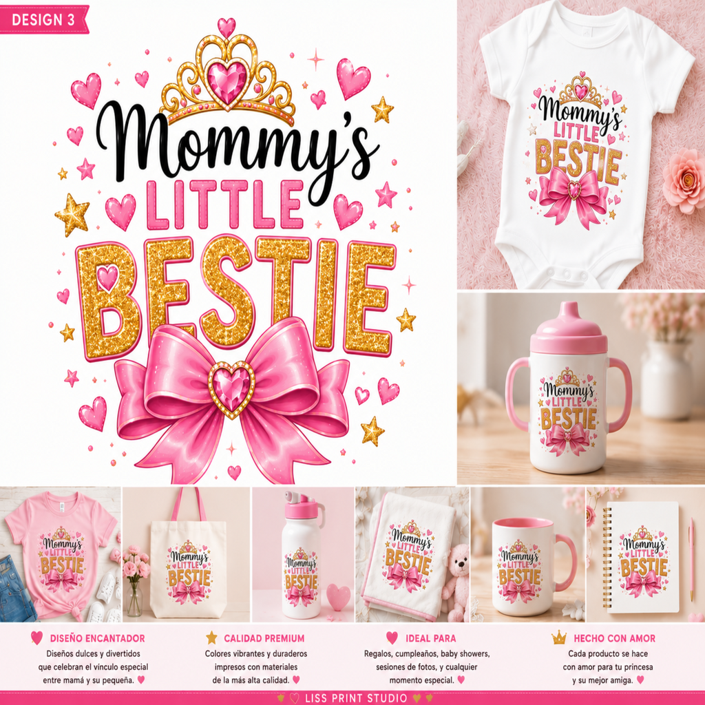 A collage showing a custom printed design for baby items, with the main text 'Mommy's Little Bestie' in black and glittery gold lettering, pink hearts, stars, and a large pink bow. The design is displayed on a white T-shirt, a pink sippy cup, a baby bottle, a mug, and other accessories, with Spanish descriptive text and a pink header reading 'Design 3'.