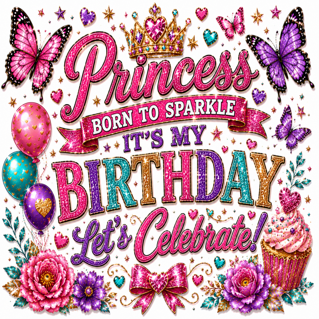 A colorful graphic design for a princess-themed birthday card or print, featuring the text 'Princess BORN TO SPARKLE IT'S MY BIRTHDAY Let's Celebrate!' surrounded by pink and purple butterflies, balloons, flowers, a crown, and a cupcake on a white background.
