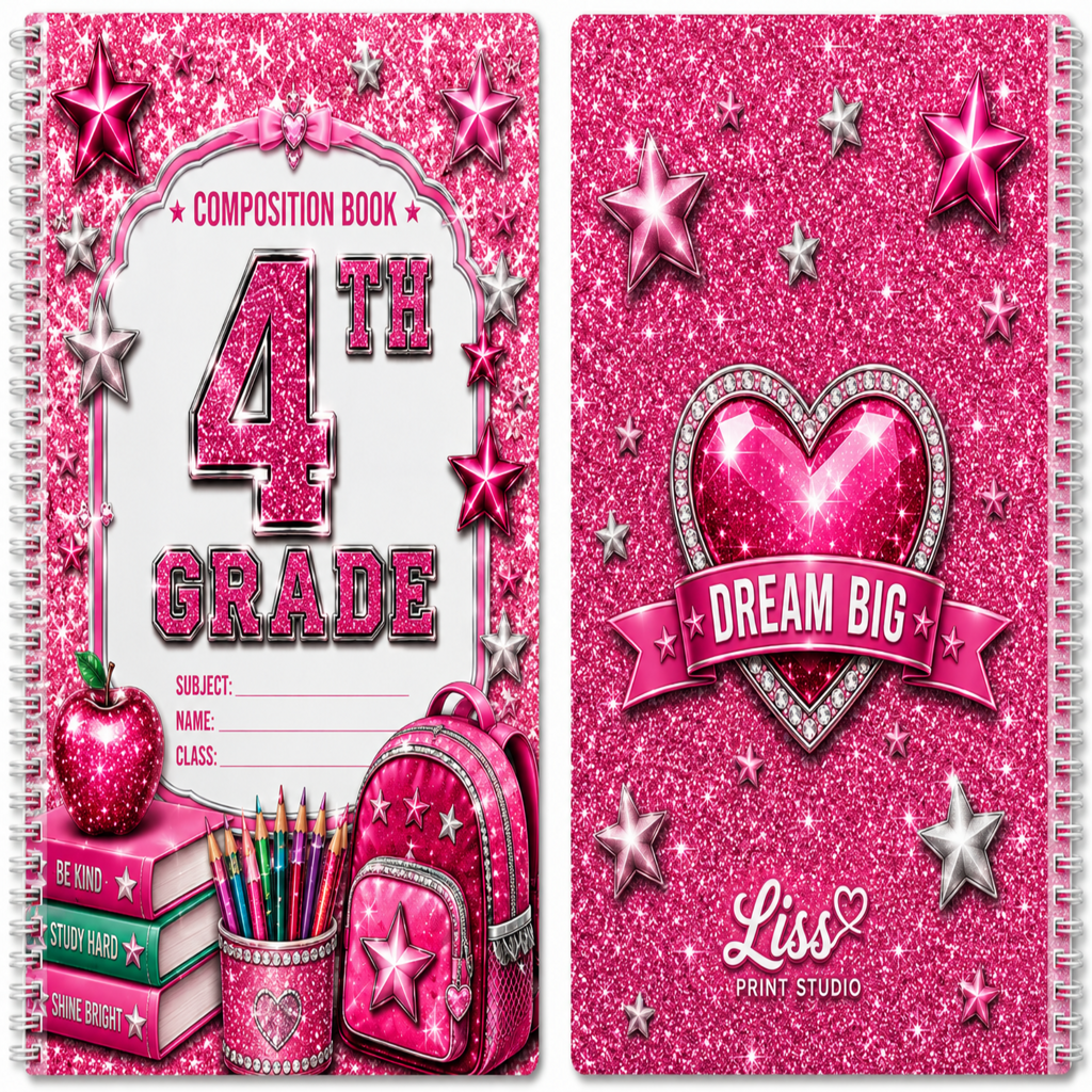 A pink glitter composition book set shown from the front and back covers, featuring a spiral binding, decorative stars, a large '4th Grade' title, school-themed illustrations including an apple, pencils, and a backpack, and the brand name 'Liss Print Studio'.