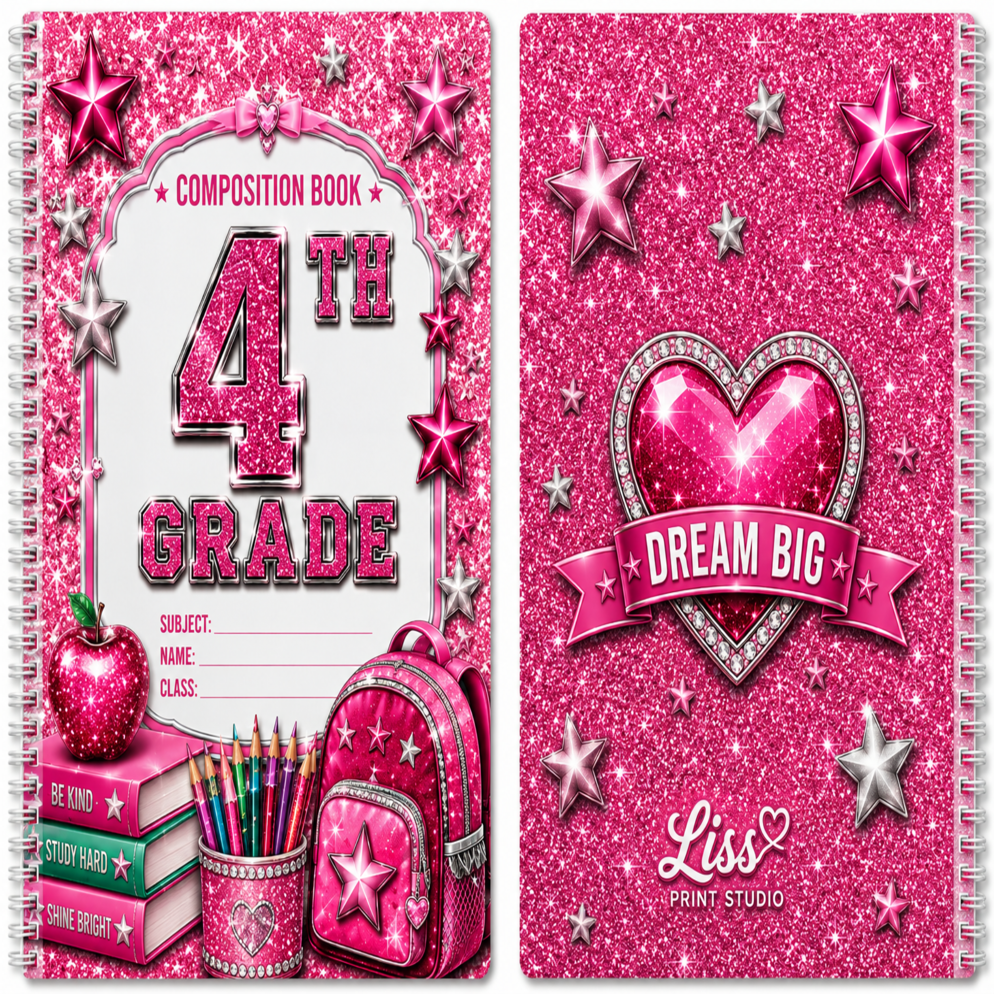 A pink glitter composition book set shown from the front and back covers, featuring a spiral binding, decorative stars, a large '4th Grade' title, school-themed illustrations including an apple, pencils, and a backpack, and the brand name 'Liss Print Studio'.